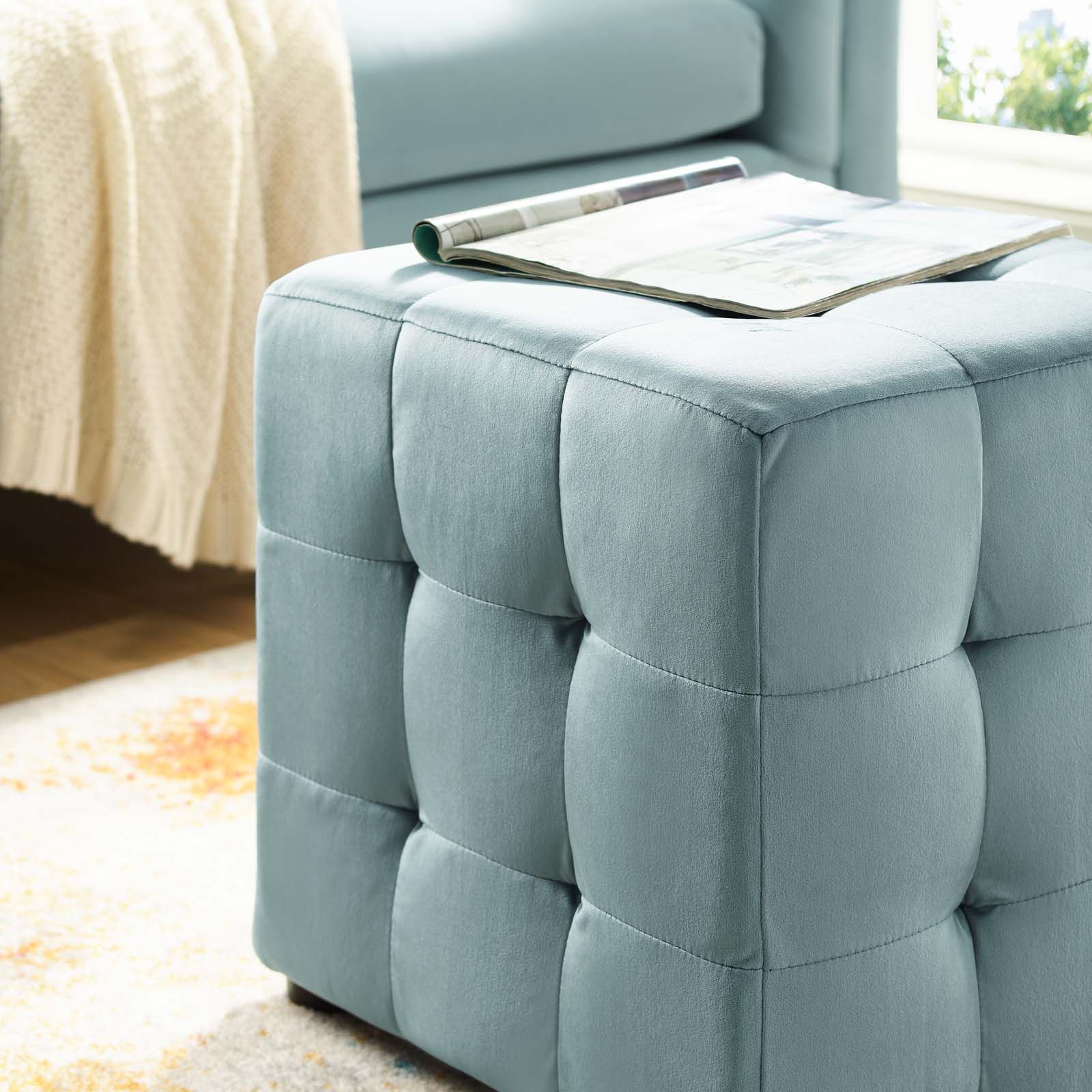 Contour Tufted Cube Performance Velvet Ottoman Light Blue Within Solid Cuboid Pouf Ottomans (Gallery 19 of 20)