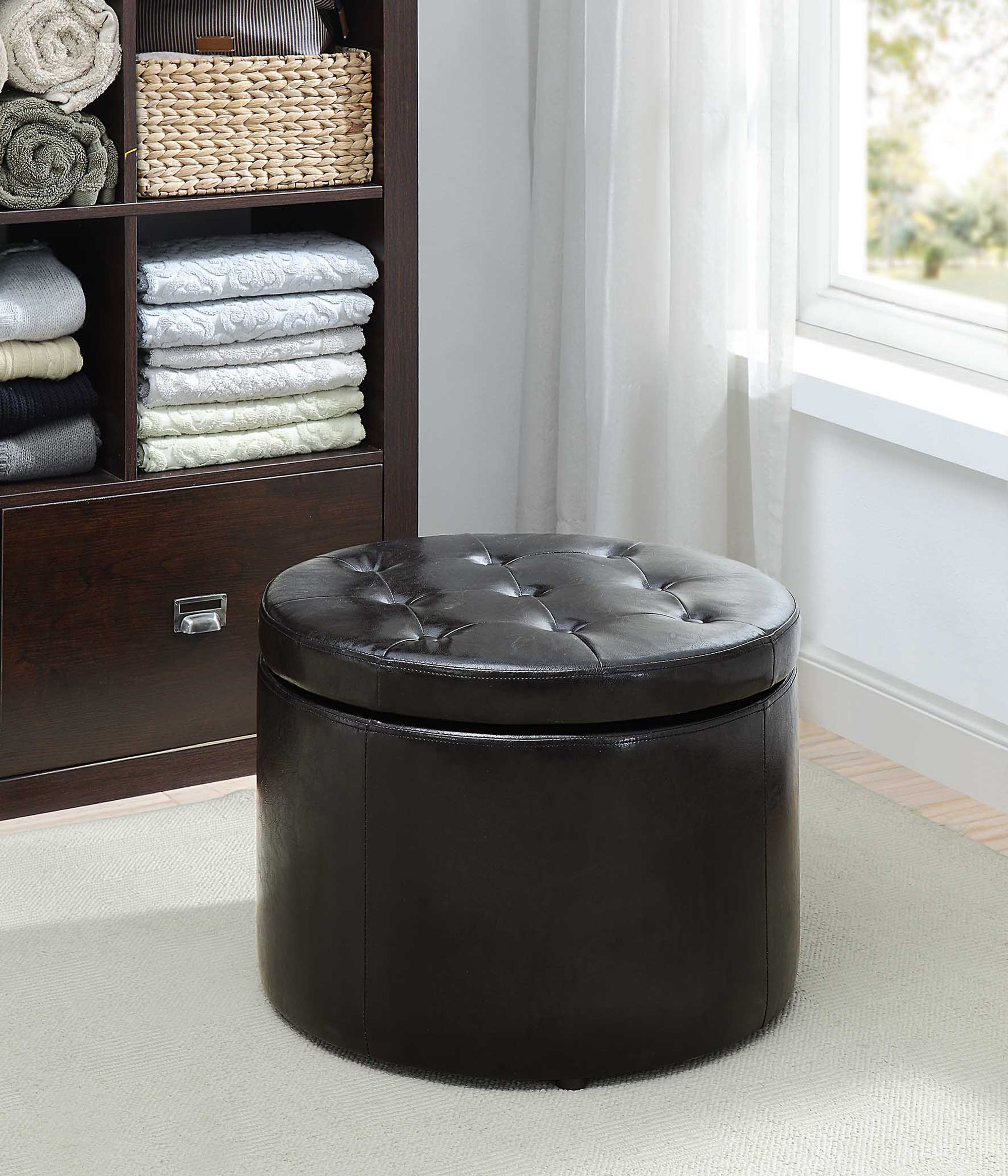Convenience Concepts Designs4comfort Round Shoe Ottoman, Multiple With Regard To Round Blue Faux Leather Ottomans With Pull Tab (View 13 of 20)