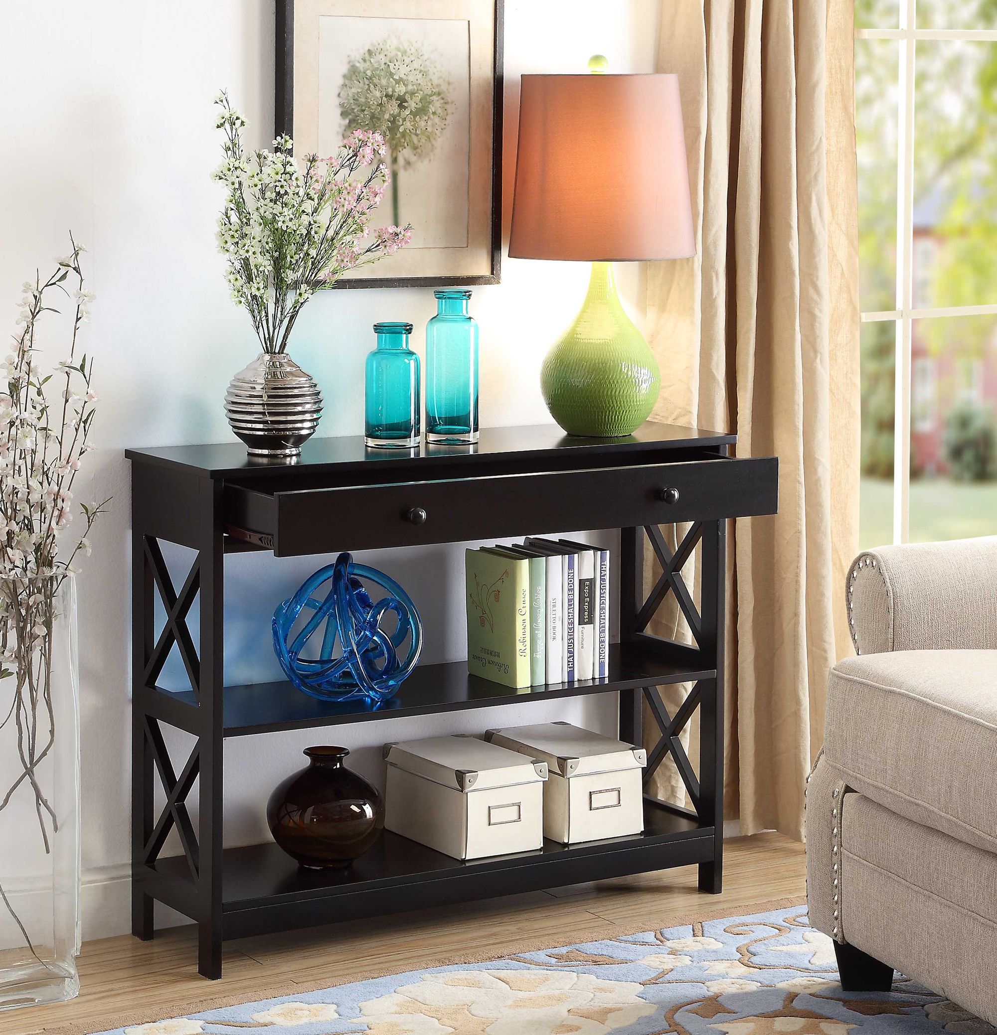 Convenience Concepts Oxford 1 Drawer Console Table, Black – Walmart In Swan Black Console Tables (Gallery 20 of 20)