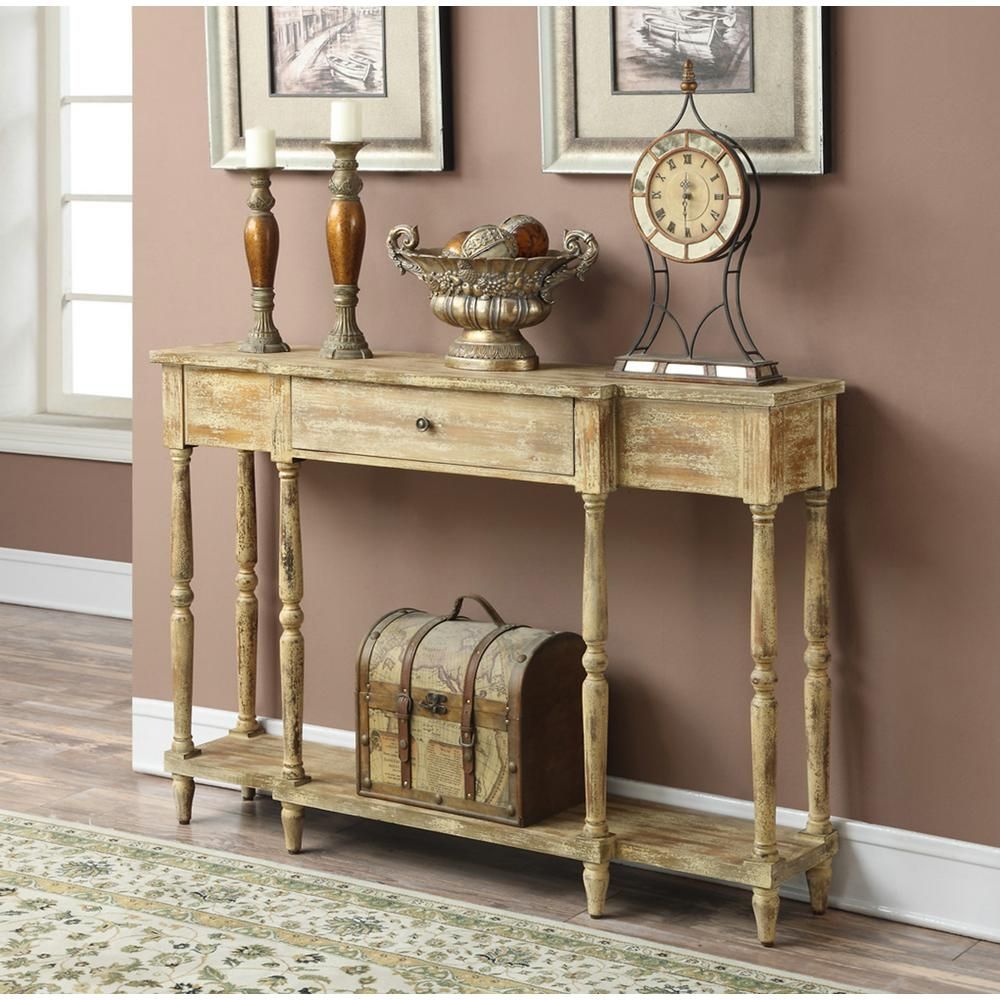Convenience Concepts Wyoming Weathered Antique Ivory Console Table Pertaining To Vintage Coal Console Tables (View 1 of 20)