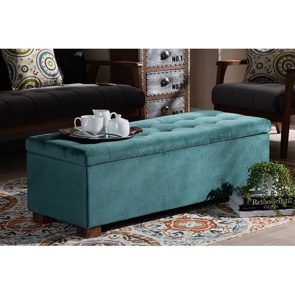 Cooper Teal Blue Velvet Fabric Grid Tufted Storage Ottoman Bench With Blue Fabric Tufted Surfboard Ottomans (View 15 of 20)