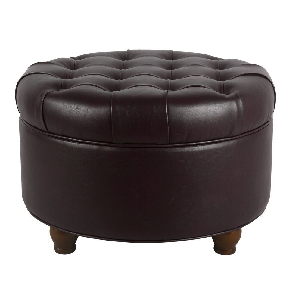 Copper Grove Lamentin Tufted Faux Leather Tufted Round Storage Ottoman Within Round Gold Faux Leather Ottomans With Pull Tab (View 11 of 20)