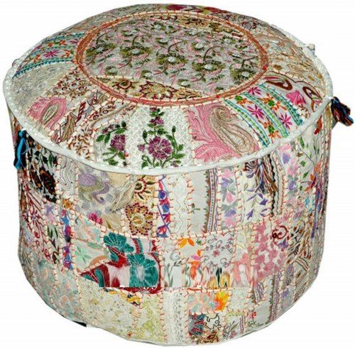 Cotton White Patchwork Ottoman Traditional Decorative Pouf Indian Throughout Beige Cotton Pouf Ottomans (Gallery 19 of 20)
