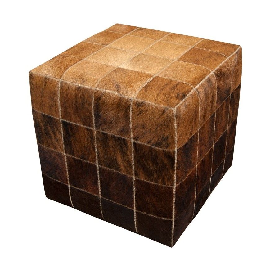 Cowhide Cube Pouf Ottoman Mosaic Beige – Brown | Fur Home Throughout Beige Solid Cuboid Pouf Ottomans (View 15 of 20)