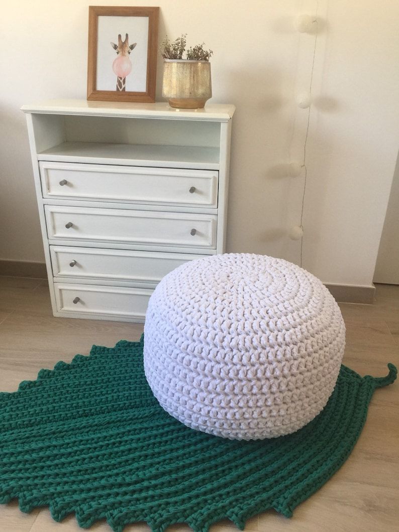 Cream Nursery Pouf Chunky Knit Round Ottoman Pearl Footstool | Etsy For Cream Cotton Knitted Pouf Ottomans (View 18 of 20)