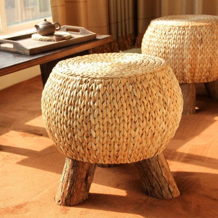 Creative Natural Solid Wood Tea Stool Household Weaving Sofa Stool Within Natural Solid Cylinder Pouf Ottomans (View 13 of 20)