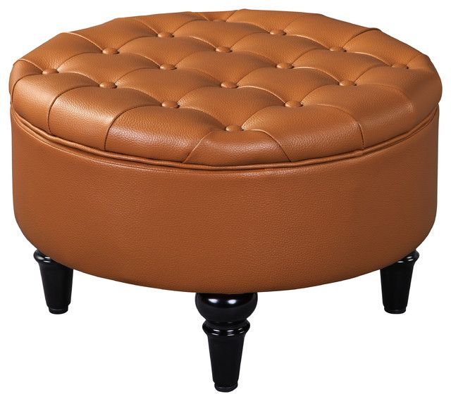 Cristo 24" Round Upholstered Storage Ottoman With Reversible Top Throughout Round Blue Faux Leather Ottomans With Pull Tab (View 7 of 20)