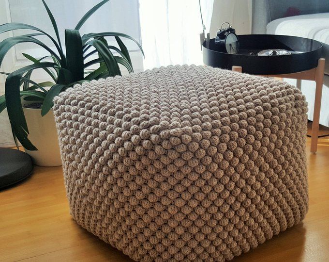 Crochet Grey/white/blue/green Pouf Ottoman / Knit Stuffed | Etsy | Pouf With Regard To White And Light Gray Cylinder Pouf Ottomans (View 13 of 20)