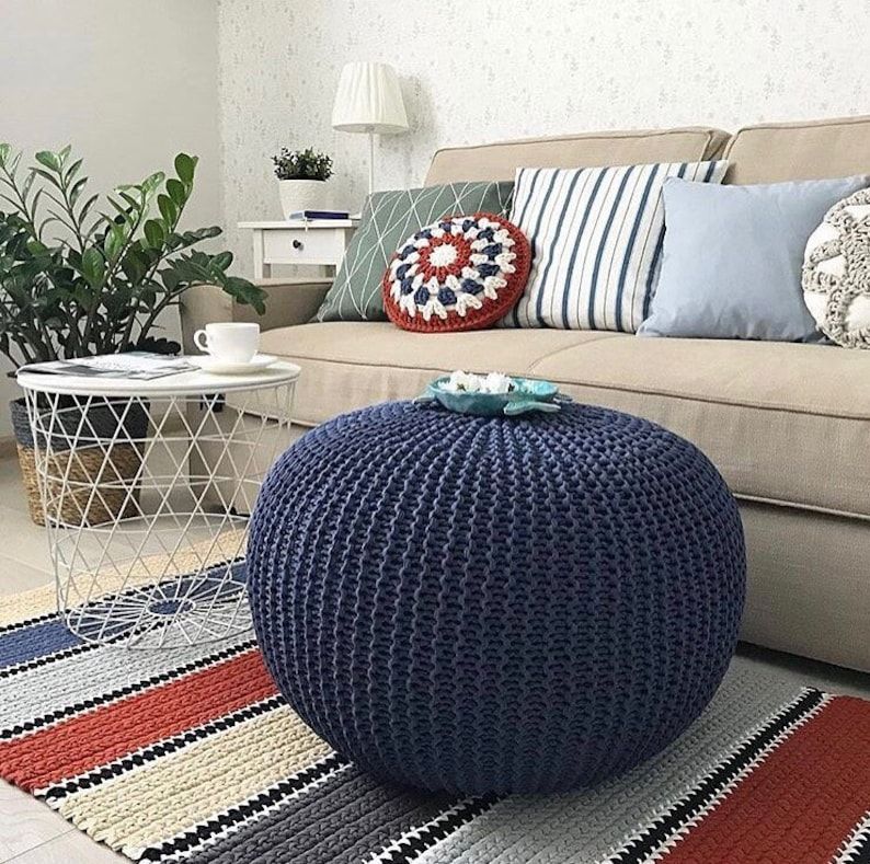 Crochet Navy Blue Poufs Knitted Pouf And Ottoman Pouffe | Etsy For Pouf Textured Blue Round Pouf Ottomans (View 19 of 20)