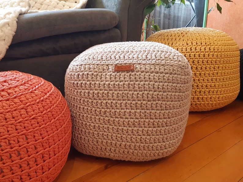 Crochet Pouf Ottoman Cube Cotton Many Sizes And Many Colors | Etsy For Beige Cotton Pouf Ottomans (View 9 of 20)