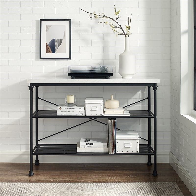 Crosley Madeleine Faux Marble Top Console Table In Matte Black – Cf6130 Mb Regarding Faux White Marble And Metal Console Tables (View 17 of 20)