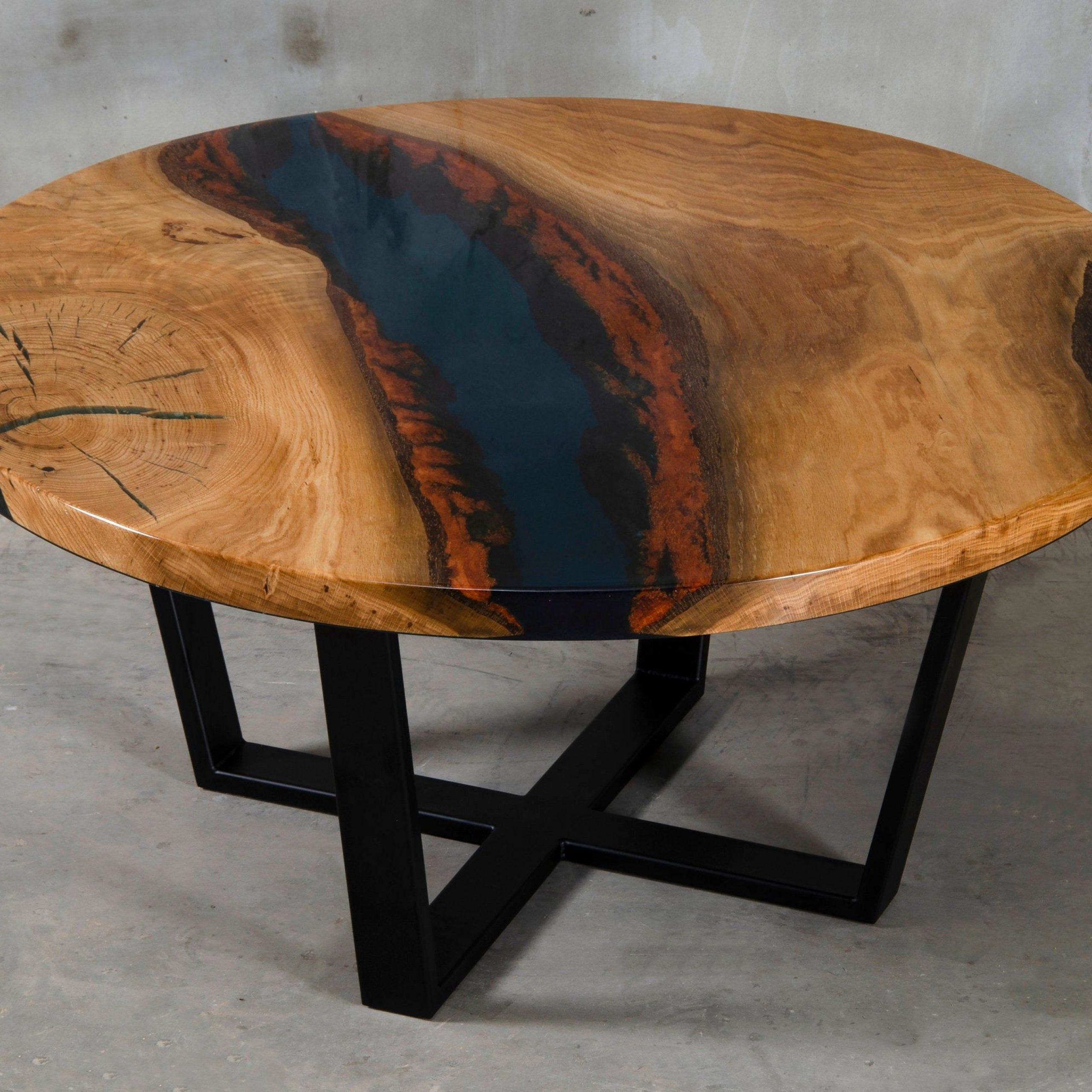 Custom Resin Table Made Of Oak, Dark Blue Uv Resin, Wooden Live Edge With Regard To Metal Legs And Oak Top Round Console Tables (View 5 of 20)