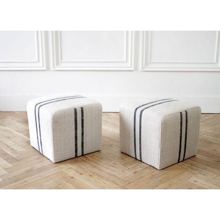 Custom Upholstered Cube Ottomans In Natural Grain Sack With Black Regarding Beige And White Tall Cylinder Pouf Ottomans (View 11 of 20)
