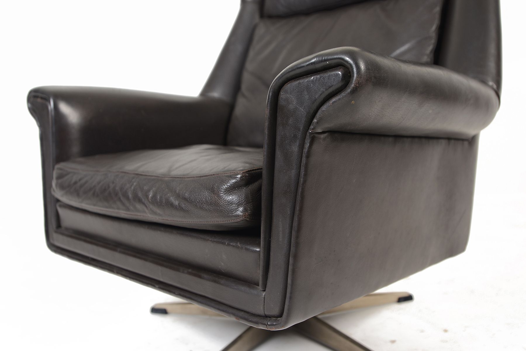 Danish Modern Black Leather Highback Swivel Lounge Chair • Mid Century In Onyx Black Modern Swivel Ottomans (View 12 of 18)