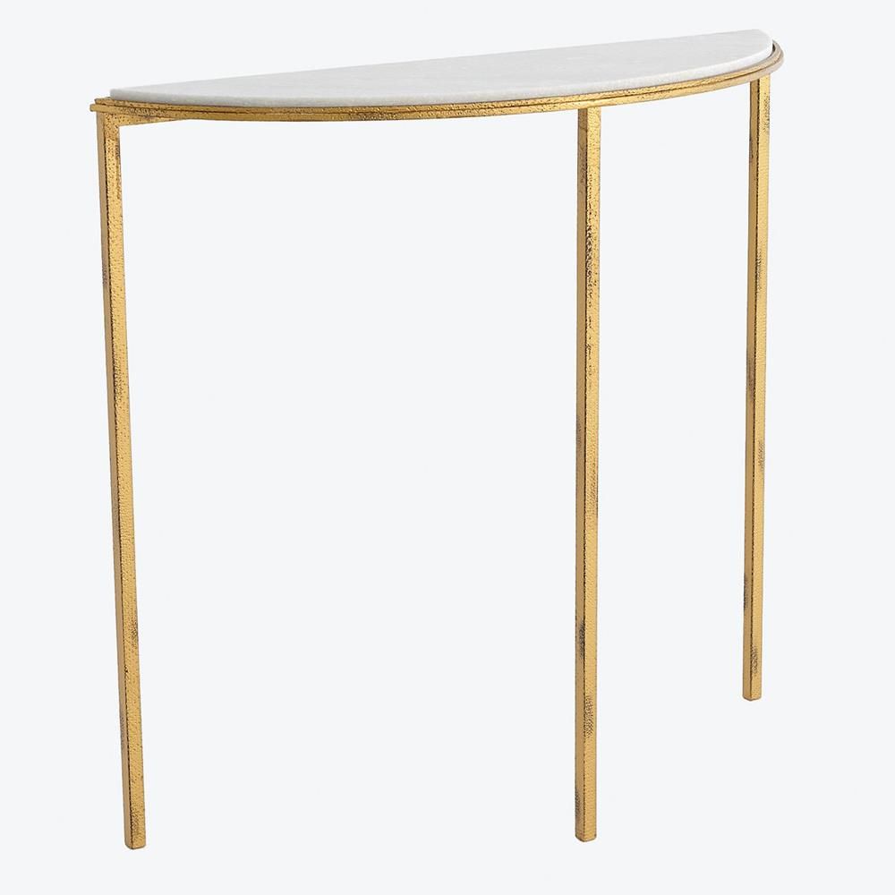 Daphne Hollywood Regency Antique Gold White Marble Demilune Console Table Within White Marble Console Tables (View 1 of 20)