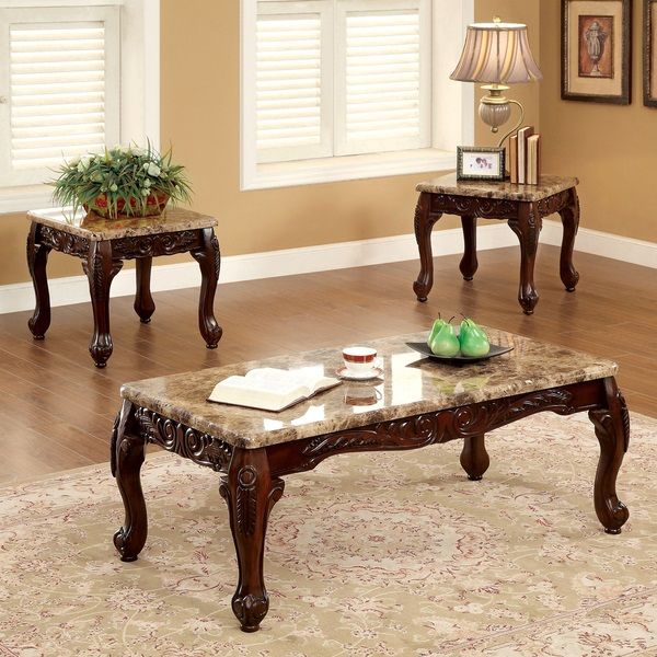 Dark Cherry 3 Piece Table Set Coffee End Tables Marble Accent Sofa Inside Dark Coffee Bean Console Tables (View 14 of 20)