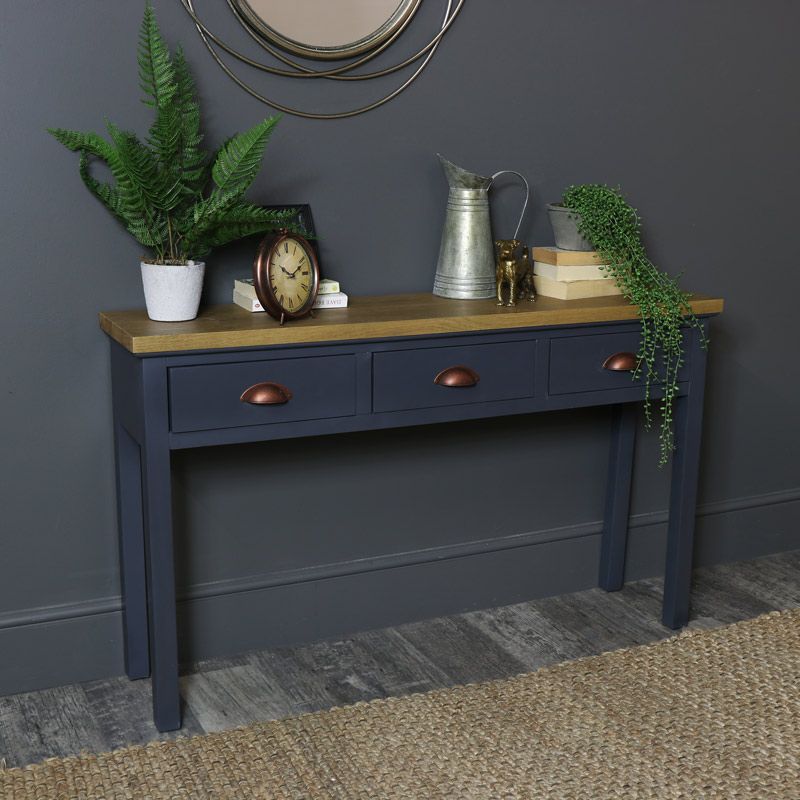 Dark Gray 3 Drawer Console Table – Grayson Range – Melody Maison® Inside Gray Wood Veneer Console Tables (View 11 of 20)