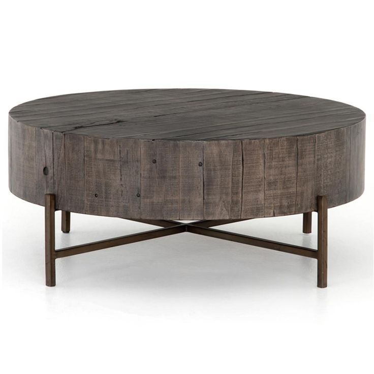 David Modern Copper Metal Leg Distressed Grey Round Hardwood Coffee Within Metal Legs And Oak Top Round Console Tables (View 17 of 20)