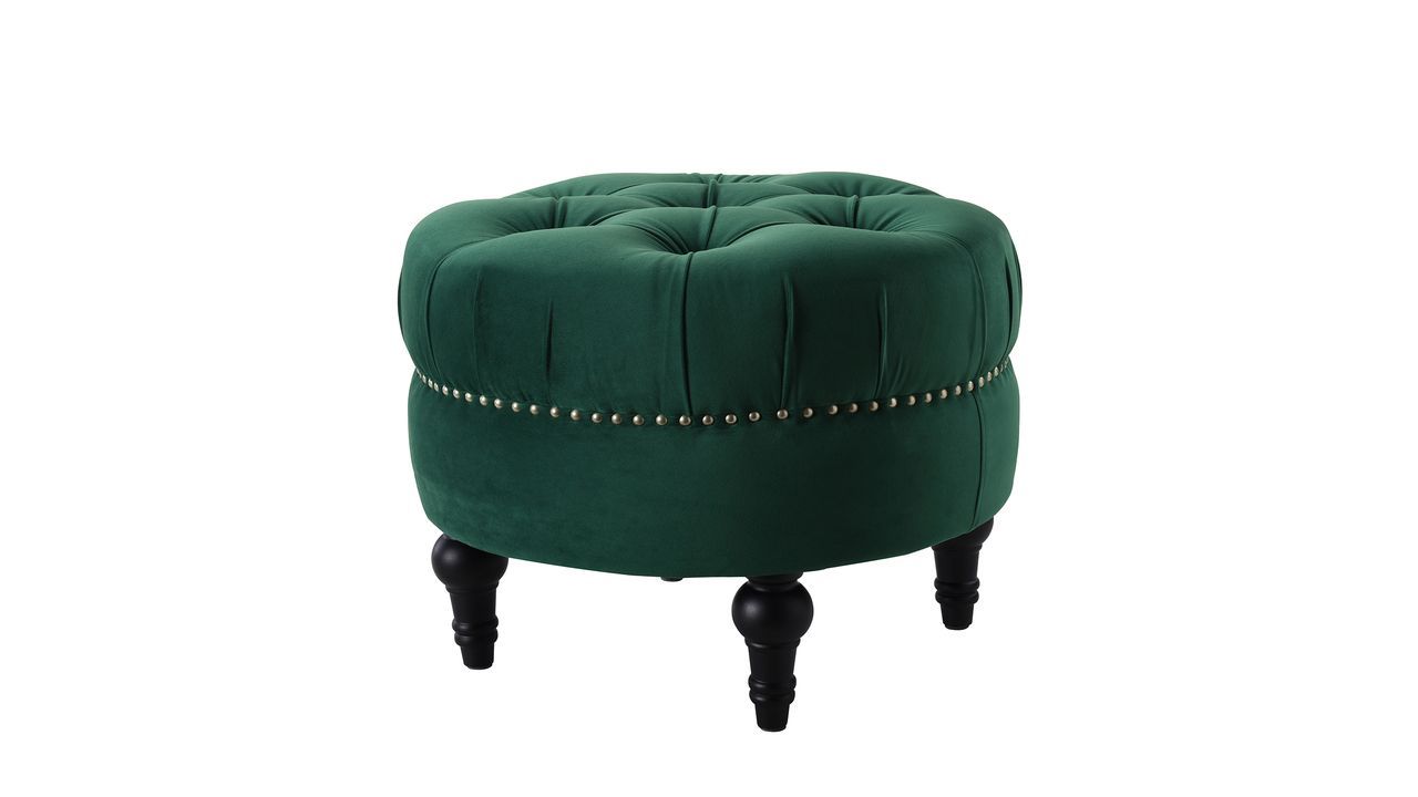 Dawn Tufted Round Ottoman, Evergreen | Round Tufted Ottoman, Round With Gray Fabric Round Modern Ottomans With Rope Trim (View 5 of 20)