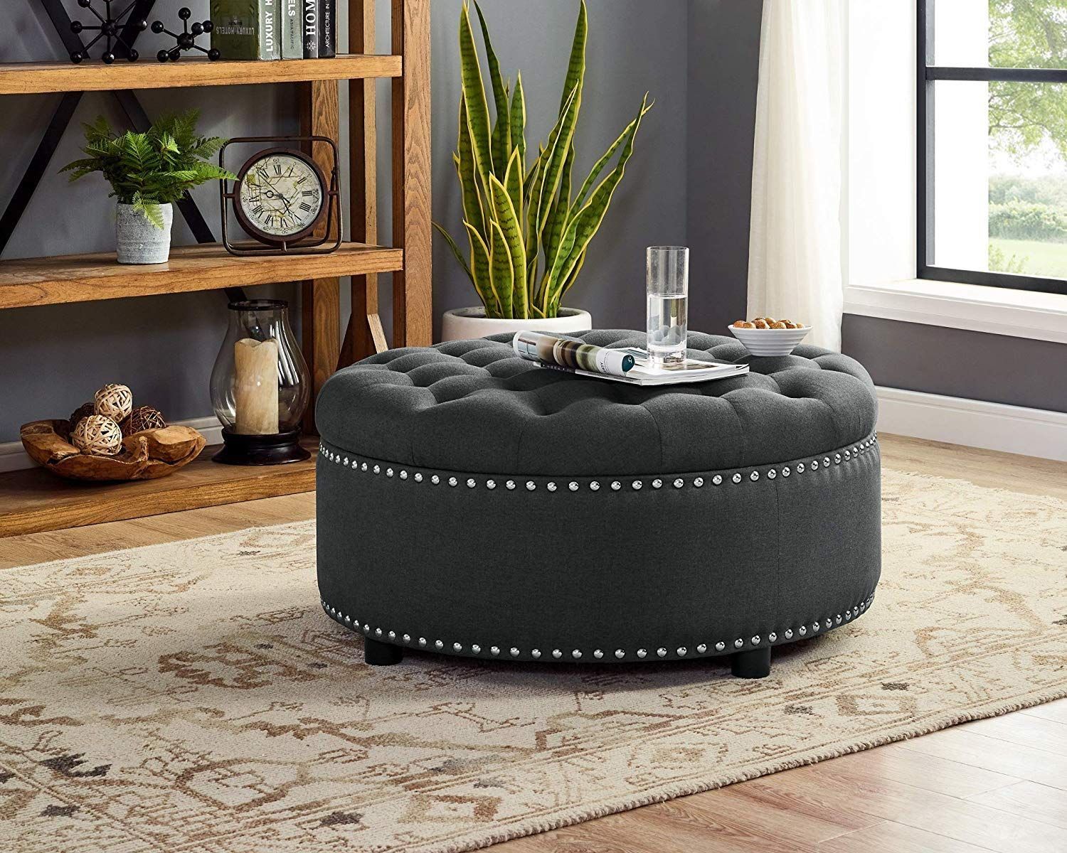 Dazone Round Storage Ottoman, Fabric Upholstered Nailhead Studded Intended For Fabric Storage Ottomans (View 14 of 20)