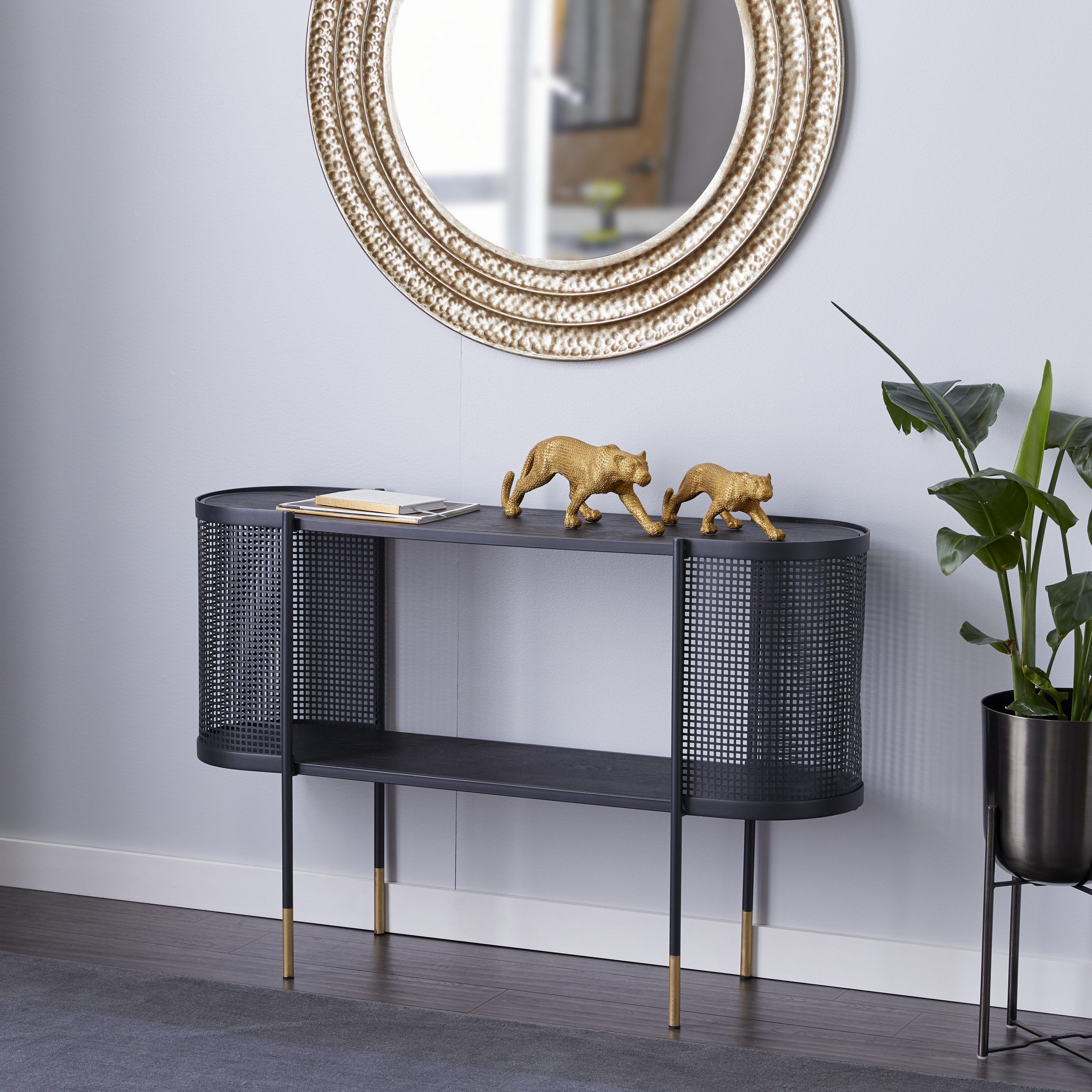 Decmode Oval Black Metal Wrapped Console Table With Open Storage Center For Metallic Gold Modern Console Tables (View 5 of 20)