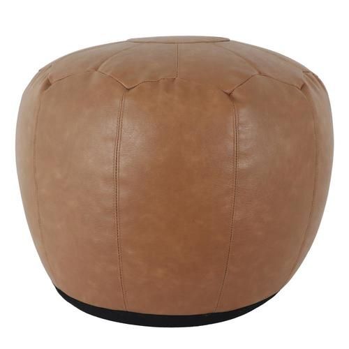 Decor Therapy Modern Saddle Brown Faux Leather Round Ottoman In The For Round Gold Faux Leather Ottomans With Pull Tab (View 10 of 20)