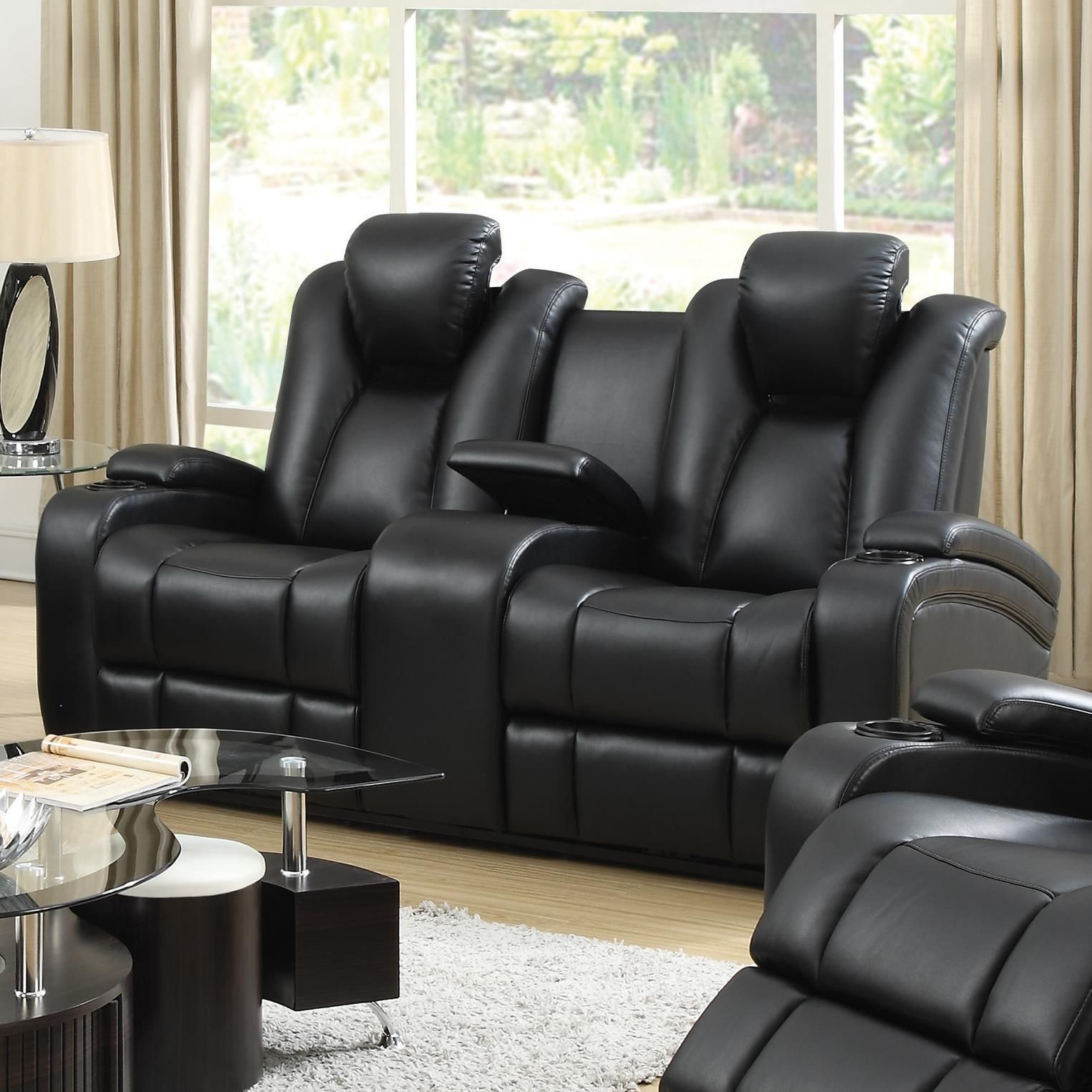 Delange Reclining Power Loveseat With Adjustable Headrests & Storage In Within Black Faux Leather Usb Charging Ottomans (View 17 of 20)