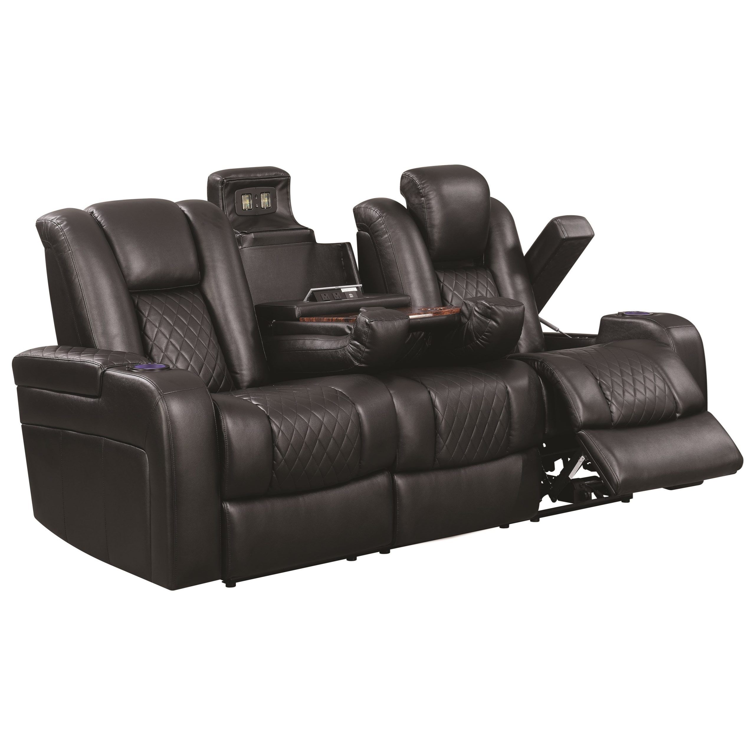 Delangelo Theater Power Leather Reclining Sofa With Cup Holders Regarding Espresso Faux Leather Ac And Usb Ottomans (View 12 of 20)