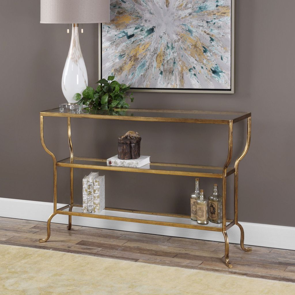 Deline Gold Console Table | Living Room Side Table, Glass Shelves Throughout Geometric Glass Top Gold Console Tables (View 6 of 20)
