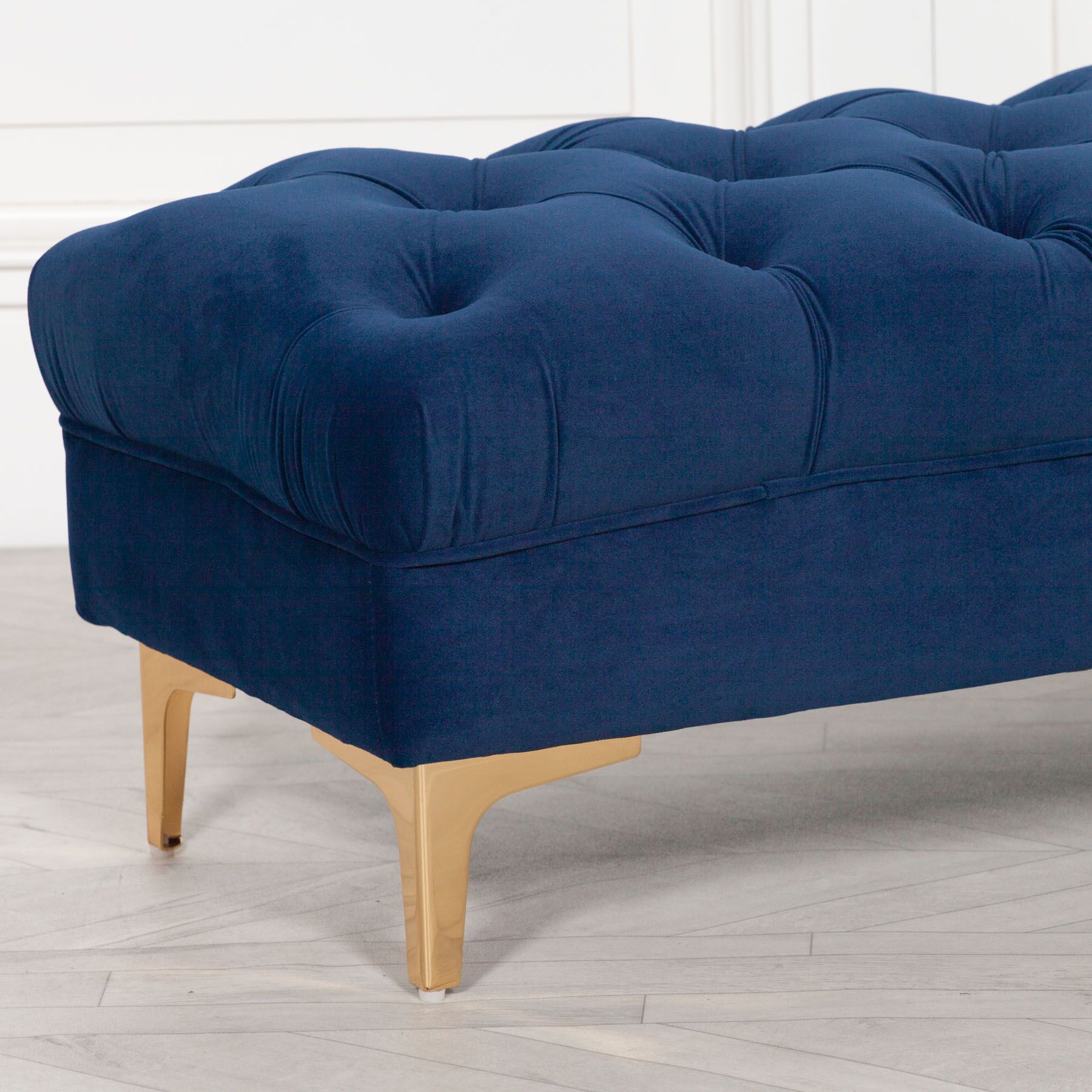 Delphine Navy Blue Velvet Buttoned Ottoman Footstool With Gold Legs Throughout Fresh Floral Velvet Pouf Ottomans (View 14 of 20)