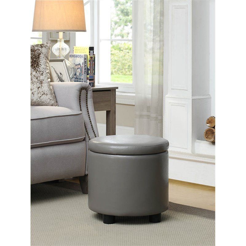 Designs4comfort Round Accent Storage Ottoman In Gray Faux Leather Inside Round Gray Faux Leather Ottomans With Pull Tab (View 10 of 19)