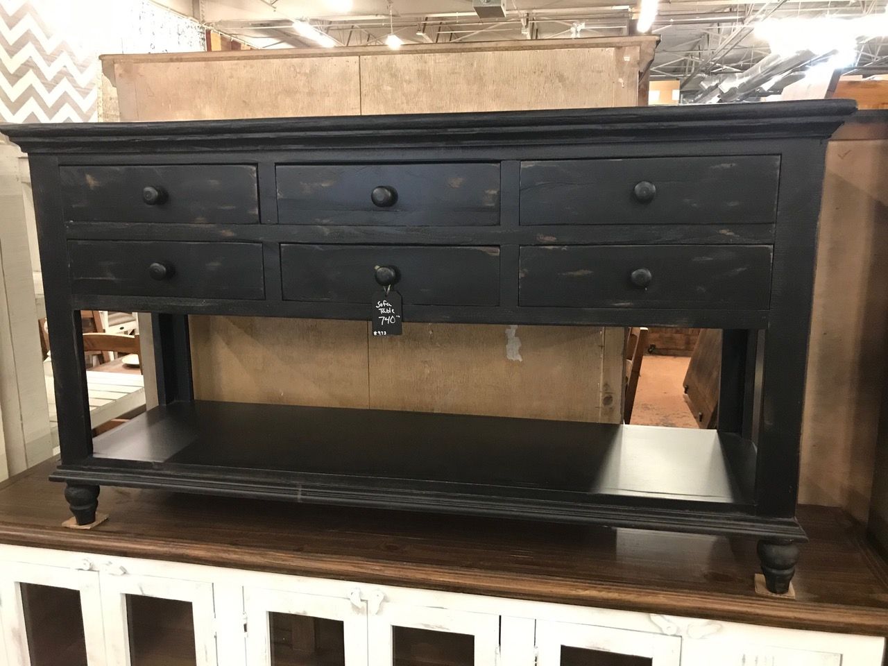 Distressed Black Sofa Table With 6 Drawers – Restored Timbers Within Gray Wood Black Steel Console Tables (View 8 of 20)