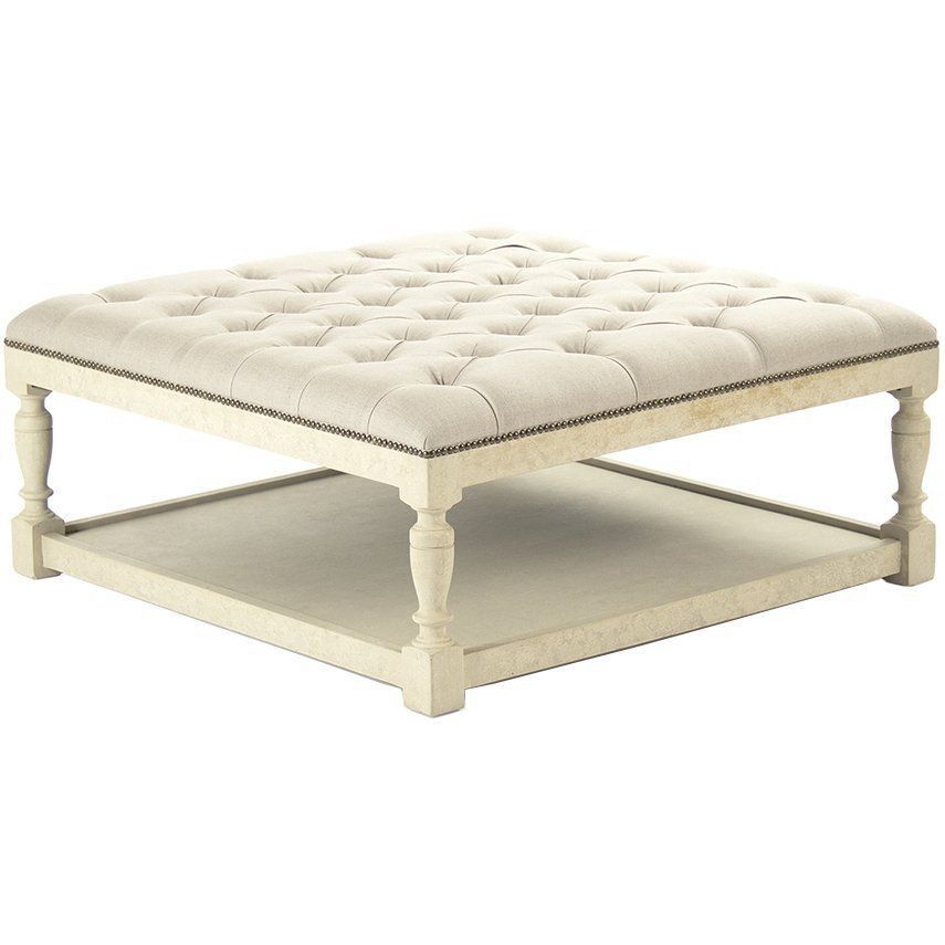 Distressed Off White Square Tufted Ottoman In 2020 | Antique White Pertaining To White Leather And Bronze Steel Tufted Square Ottomans (View 8 of 20)