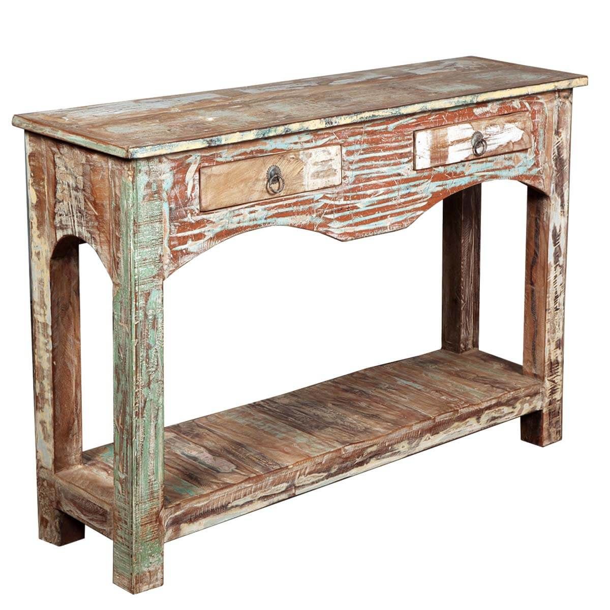 Distressed Reclaimed Wood 2 Drawer Console Hall Table Intended For Wood Console Tables (View 3 of 20)