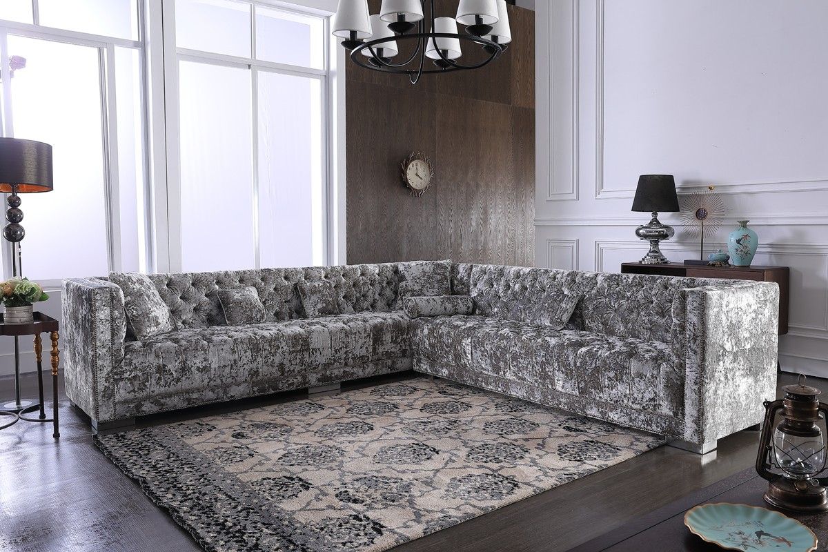 Divani Casa Fredrick Modern Grey Crushed Velvet Sectional Sofa With Light Gray Velvet Fabric Accent Ottomans (View 16 of 20)