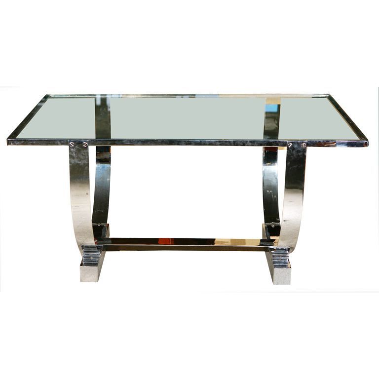 Donald Deskey Console Table With Glass Top Over Polished Chrome Base Throughout Polished Chrome Round Console Tables (View 8 of 20)