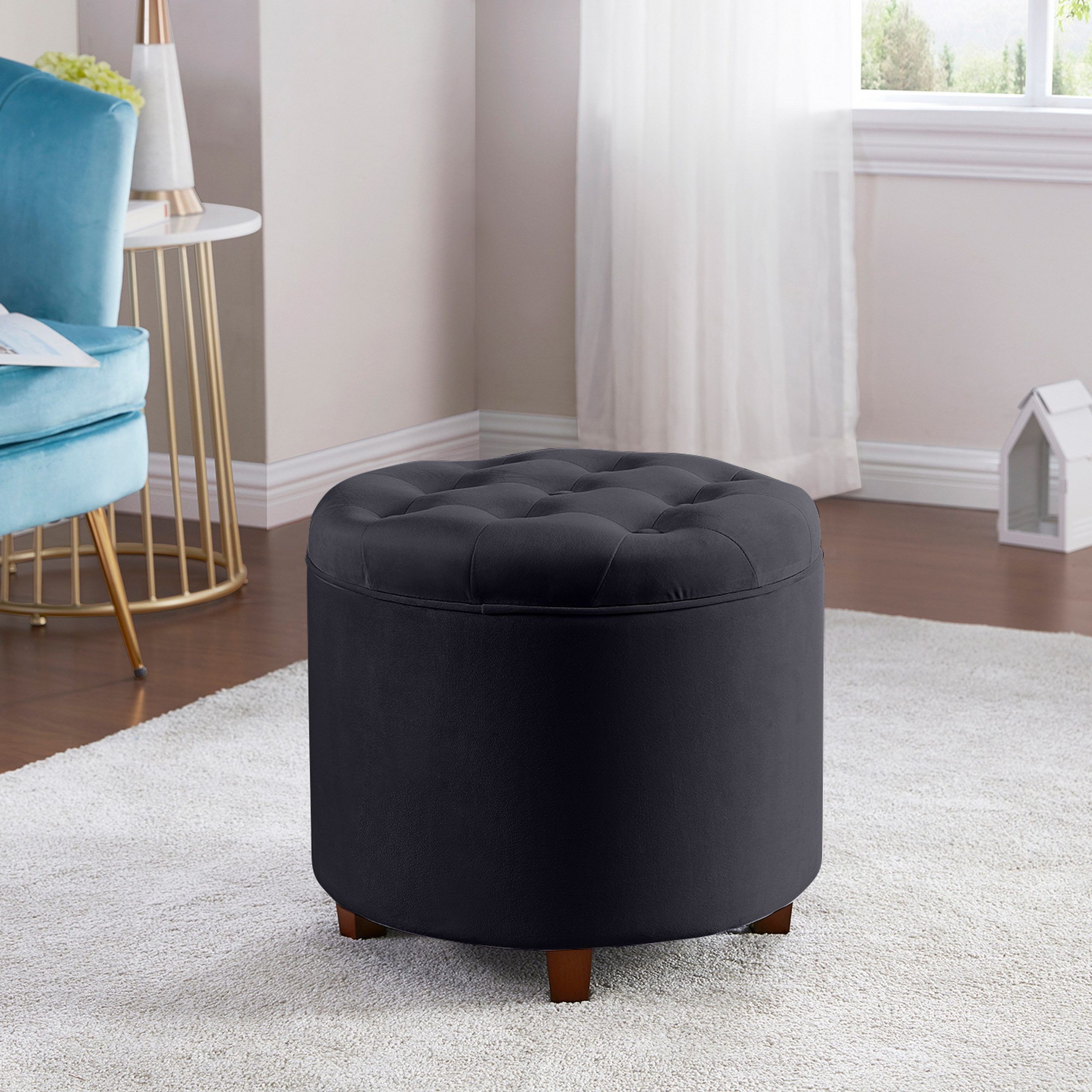 Donovan Round Tufted Velvet Storage Ottoman Foot Rest Stool/seat With Intended For Velvet Ribbed Fabric Round Storage Ottomans (View 4 of 20)