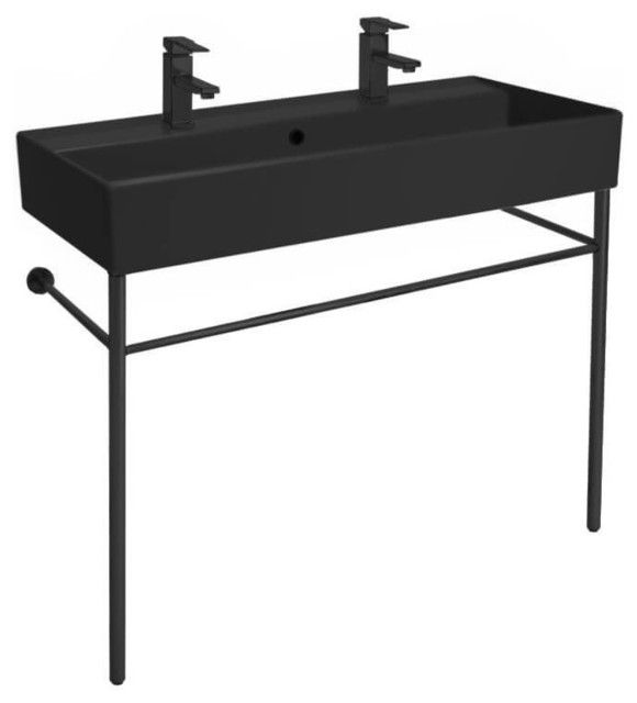 Double Matte Black Ceramic Console Sink And Matte Black Stand In Square Matte Black Console Tables (View 14 of 20)