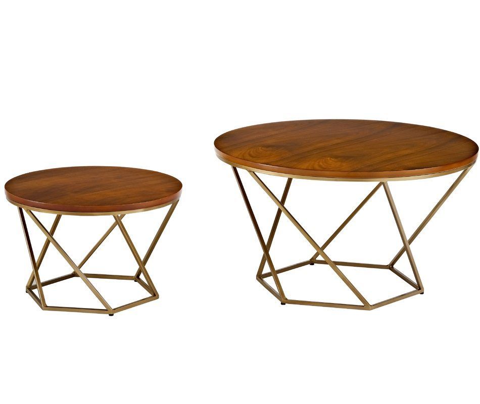Dunavant Wood 2 Piece Coffee Table Set | Geometric Coffee Table Inside Round Gold Metal Cage Nesting Ottomans Set Of  (View 3 of 20)