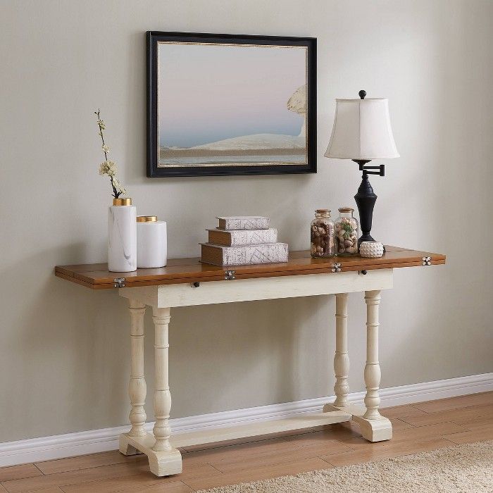 Edendale Farmhouse Folding Trestle Console To Extendable Dining Table With White Grained Wood Hexagonal Console Tables (View 12 of 20)