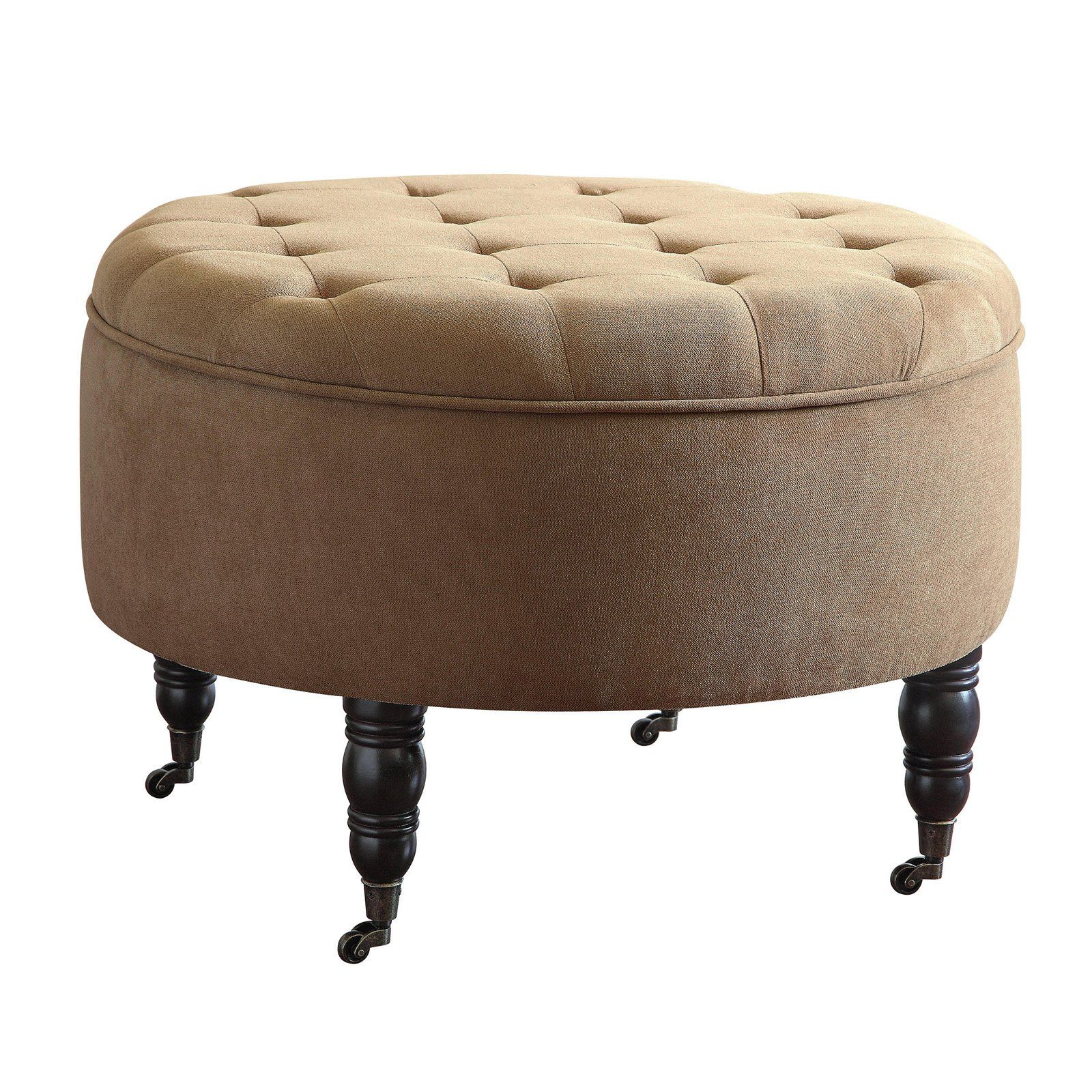 Elle Decor Quinn Round Tufted Ottoman With Storage And Casters Regarding Wool Round Pouf Ottomans (View 2 of 20)