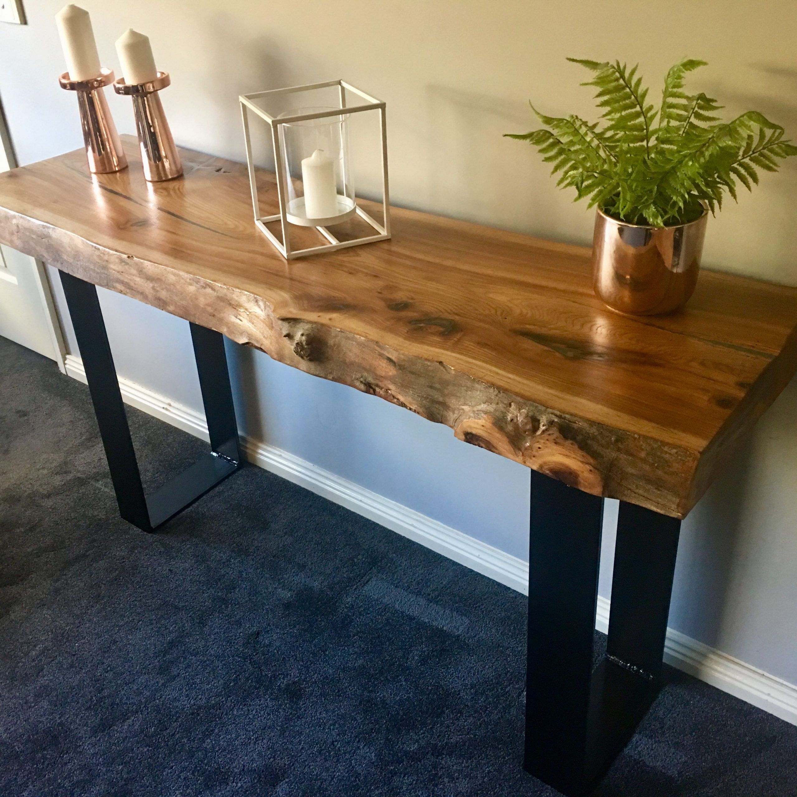 Elm Slab Hall Console With Black Flat Bar Metal Legs | Home Entrance With Matte Black Console Tables (View 9 of 20)