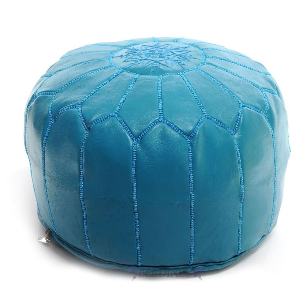 Embroidered Leather Pouf  Turquoise | Leather Pouf, Moroccan Leather Inside Round Blue Faux Leather Ottomans With Pull Tab (View 9 of 20)