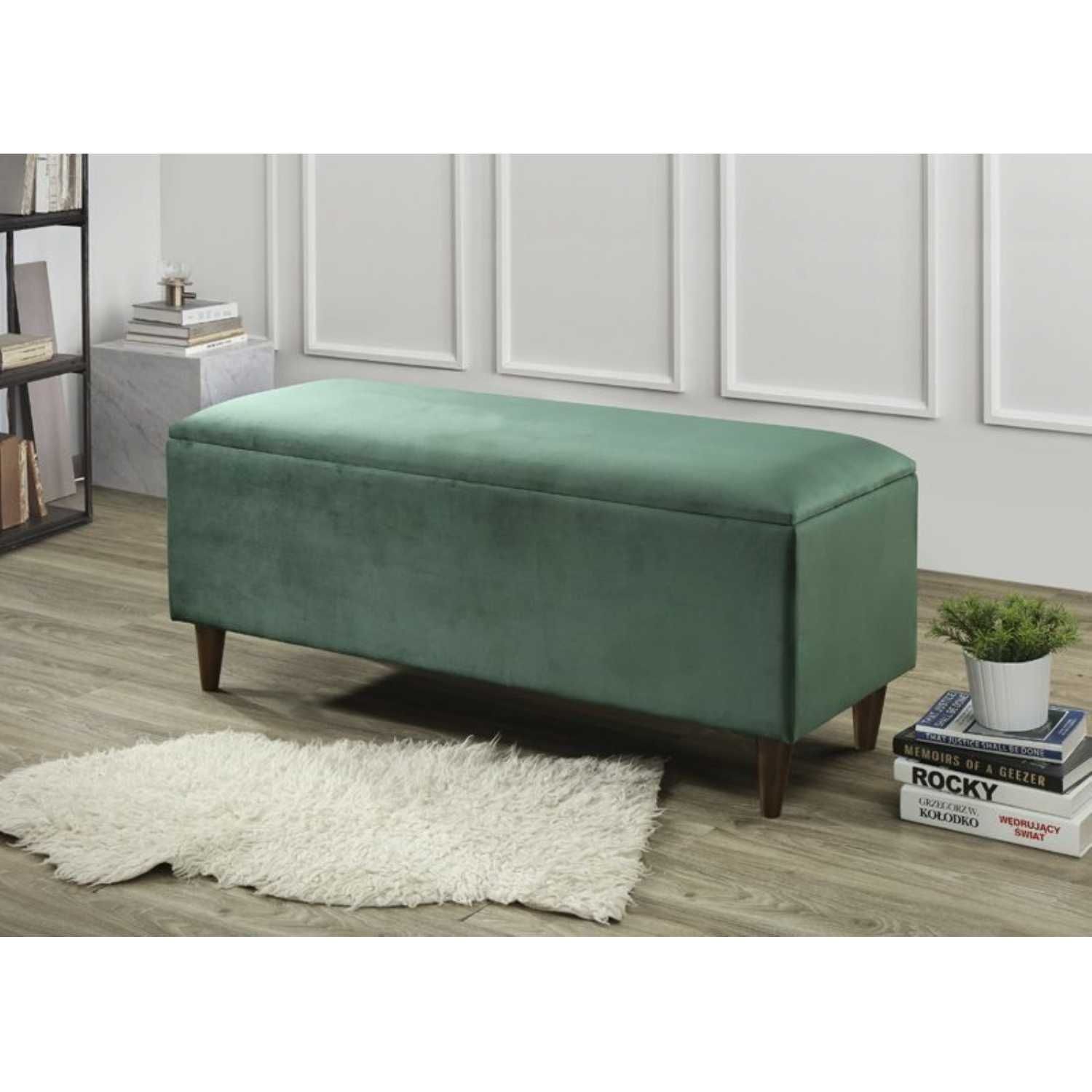 Emma Storage Ottoman Bench In Green Velvet Fabric With Dark Wood Legs In Red Fabric Square Storage Ottomans With Pillows (View 11 of 20)