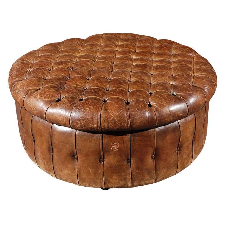 English Round Leather Ottoman, Circa 1880 At 1stdibs Pertaining To Leather Pouf Ottomans (View 10 of 20)