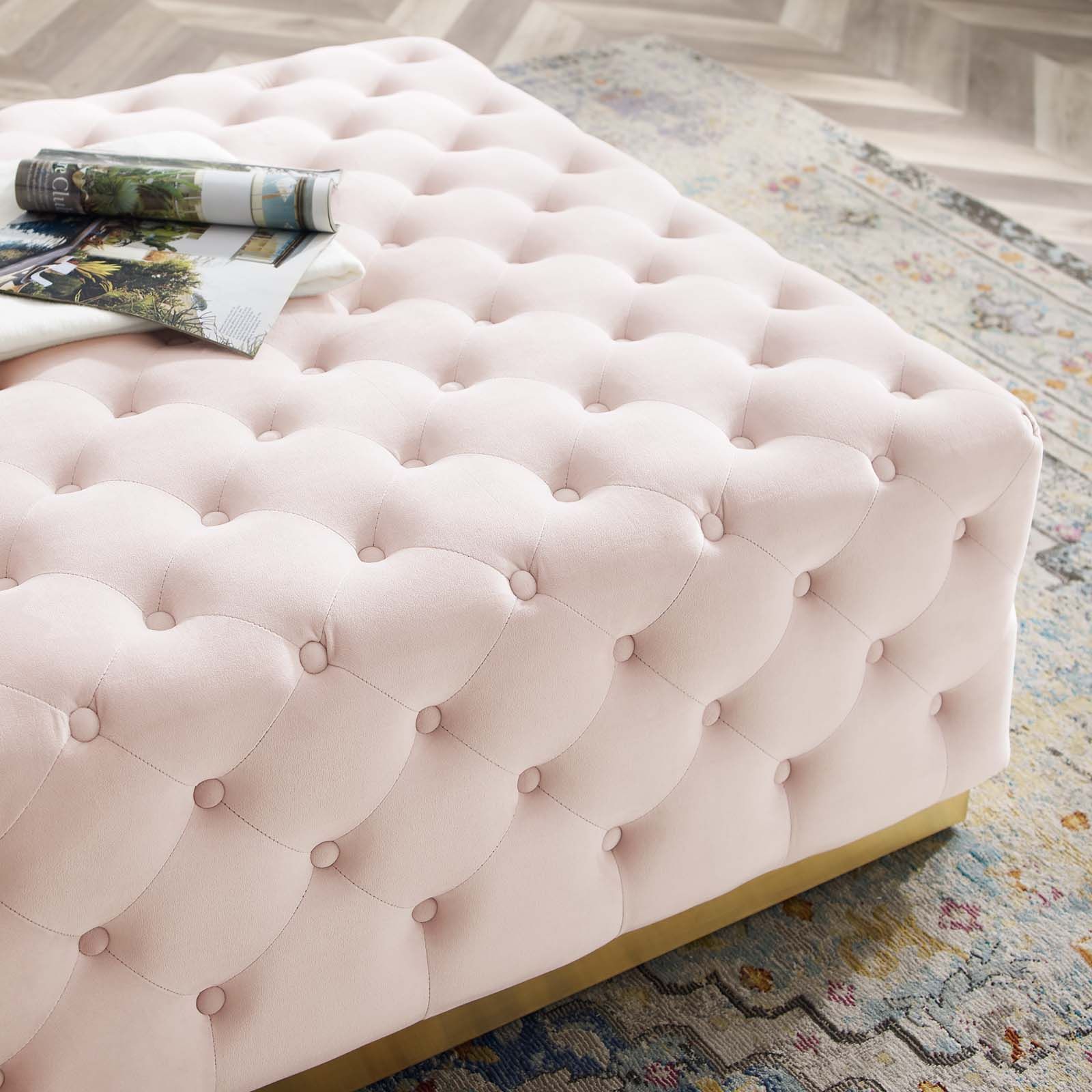Ensconce Tufted Performance Velvet Square Ottoman Pink Regarding Pink Champagne Tufted Fabric Ottomans (View 17 of 20)