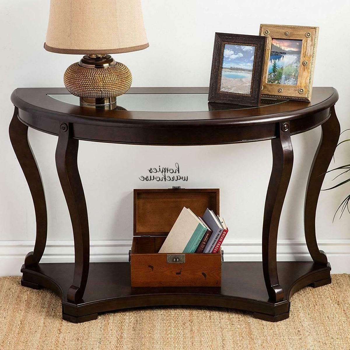 Entryway Console Table Carved Shelf Glass Top Dark Intended For Glass And Pewter Oval Console Tables (View 9 of 20)