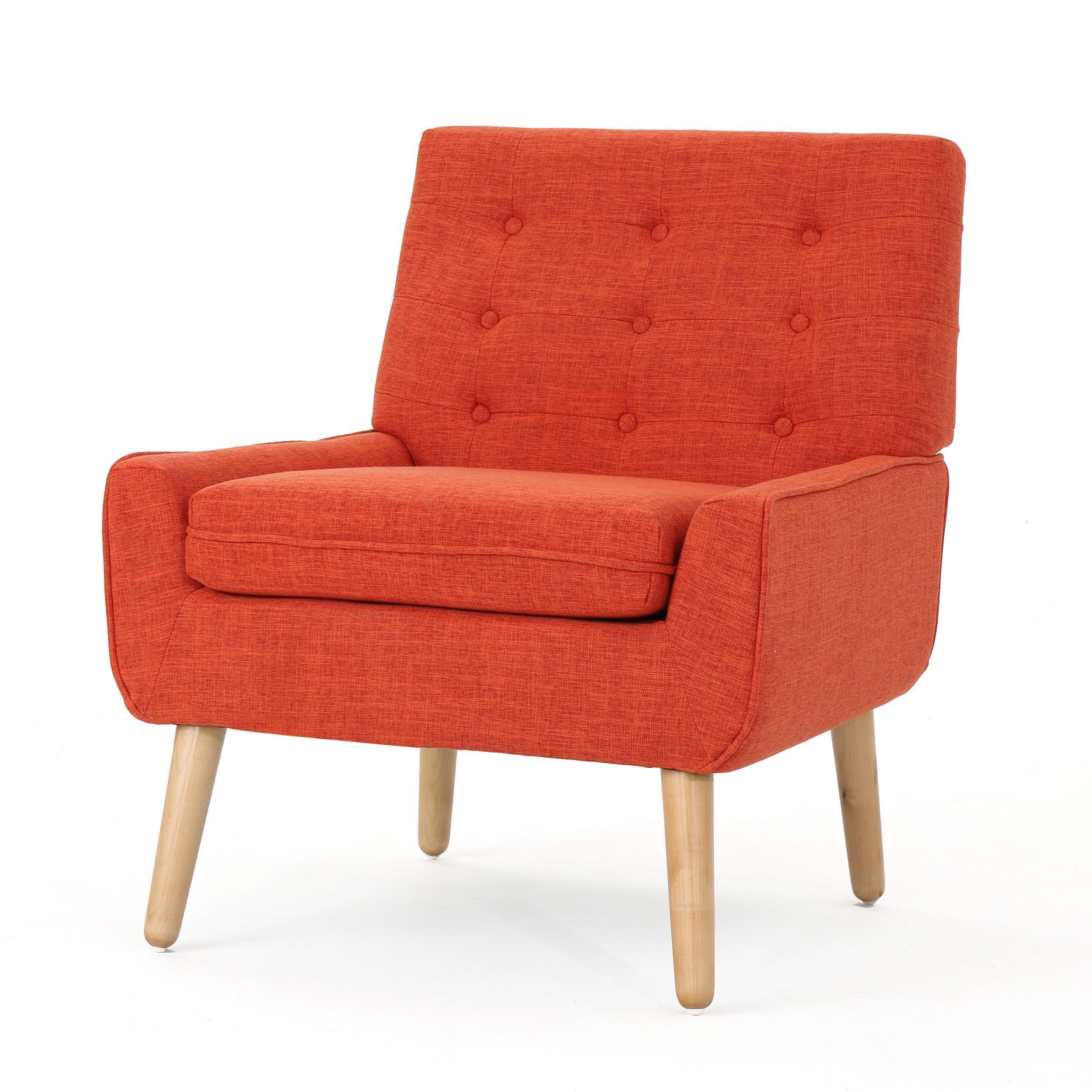 Eonna Mid Century Modern Button Tufted Fabric Upholstered Accent Chair With Regard To Orange Fabric Nail Button Square Ottomans (View 19 of 20)