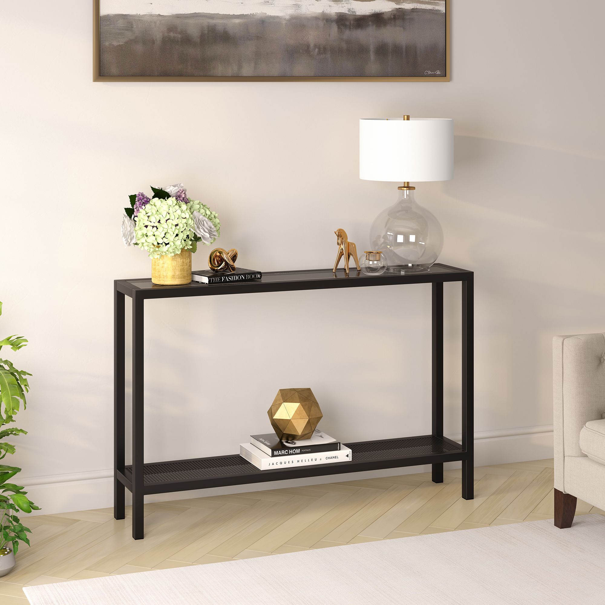 Evelyn&zoe Contemporary Metal Console Table With Glass Top – Walmart With Regard To Black Metal Console Tables (View 2 of 20)