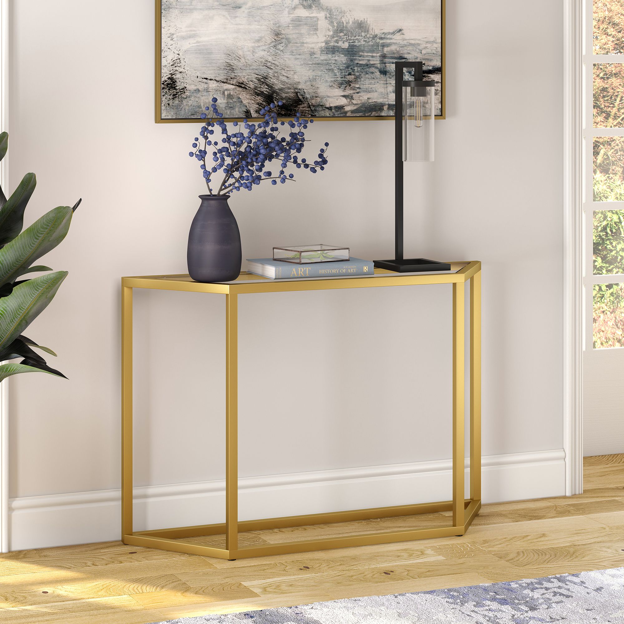 Evelyn&zoe Modern Console Table With Glass Top And Shelf – Walmart Within Metallic Gold Modern Console Tables (View 3 of 20)